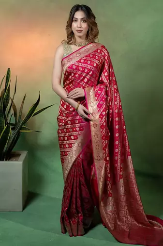 Rani pink satin woven saree with blouse