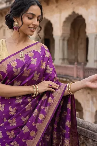 Purple silk blend woven saree with blouse