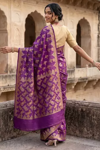 Purple silk blend woven saree with blouse