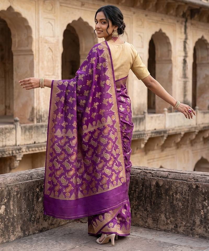 Purple silk blend woven saree with blouse