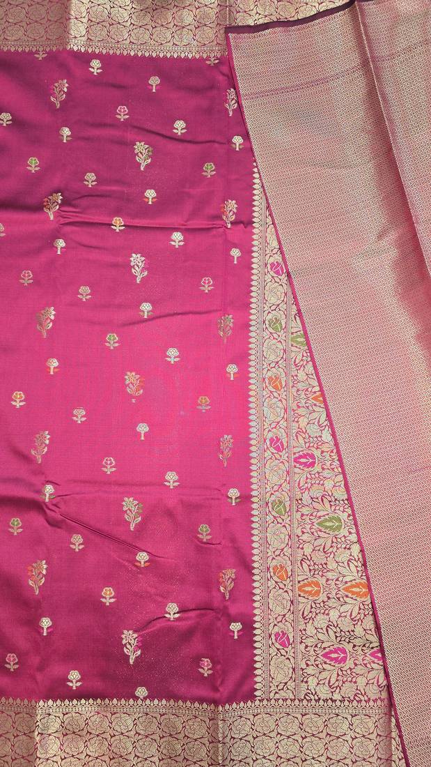 Rani pink katan silk woven saree with blouse