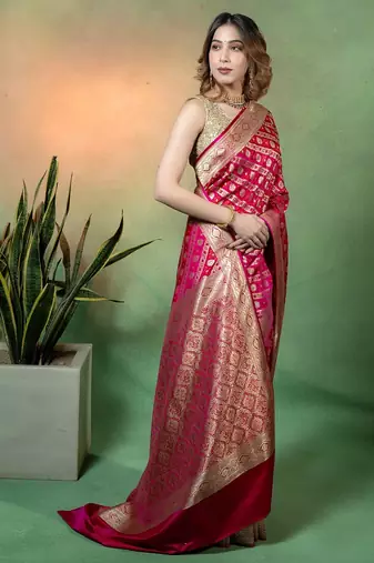 Rani pink satin woven saree with blouse