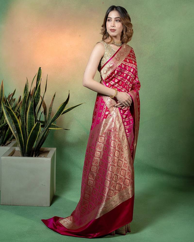 Rani pink satin woven saree with blouse