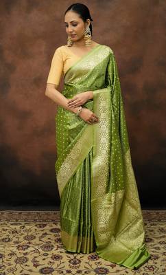 Pista green satin woven saree with blouse 1