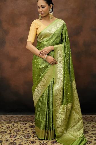 Pista green satin woven saree with blouse