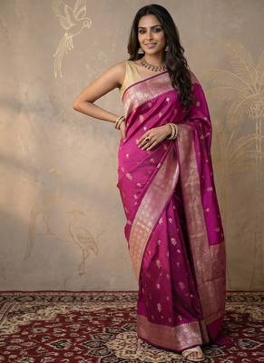 Rani pink katan silk woven saree with blouse 1