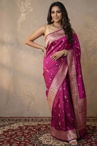 Rani pink katan silk woven saree with blouse
