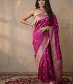 Rani pink katan silk woven saree with blouse