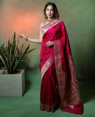 Rani pink satin woven saree with blouse 1