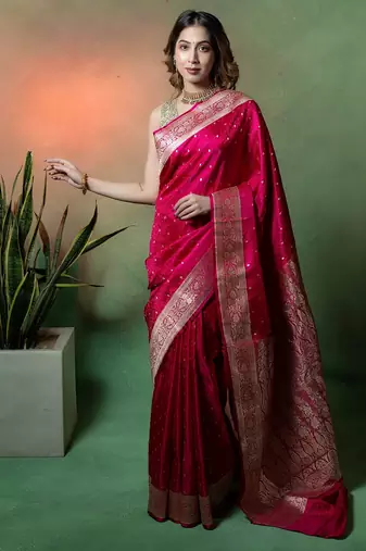 Rani pink satin woven saree with blouse