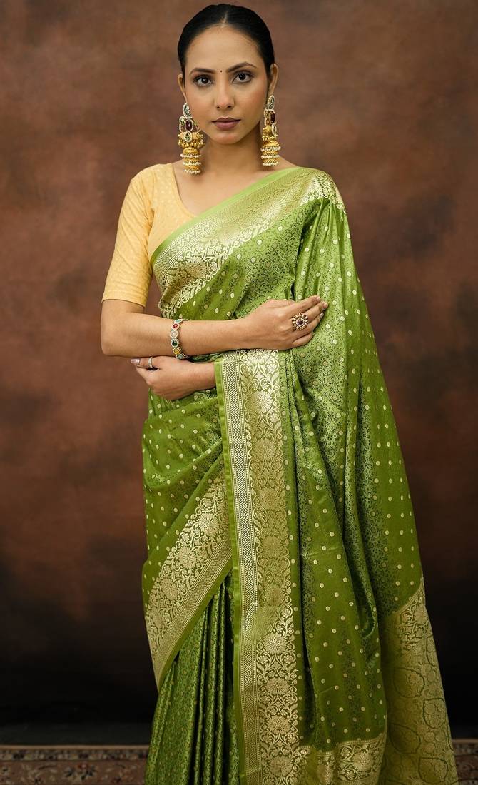 Pista green satin woven saree with blouse