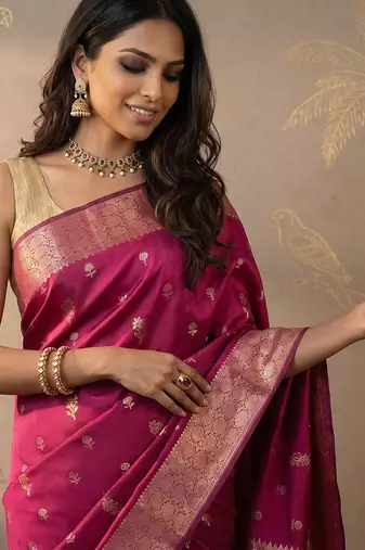 Rani pink katan silk woven saree with blouse