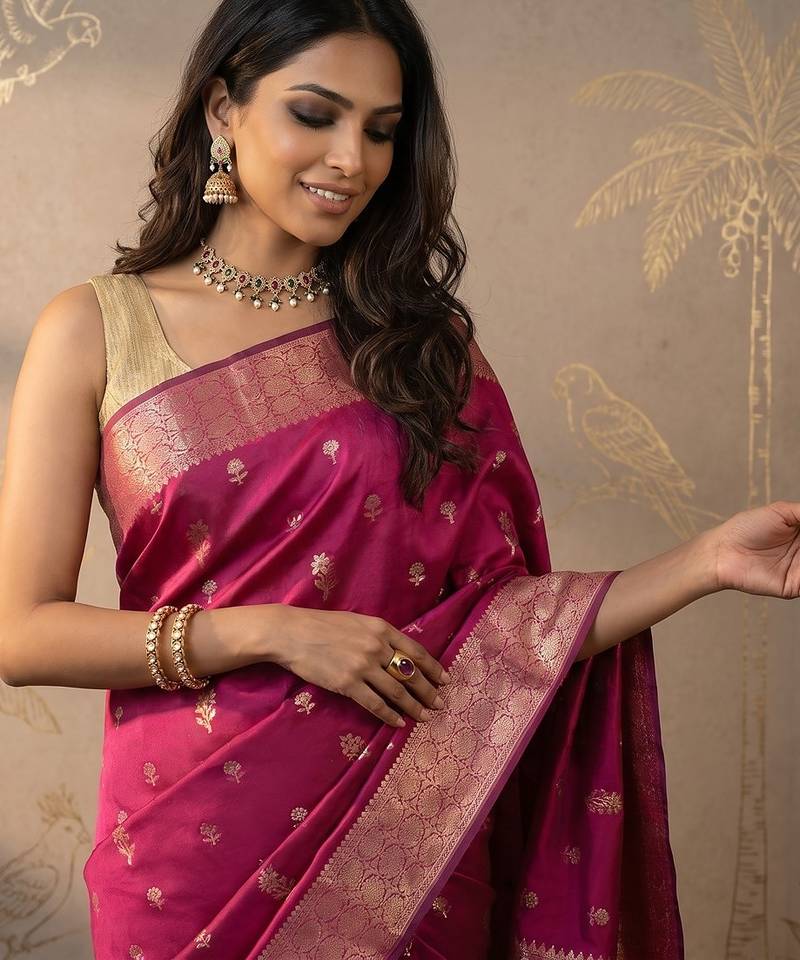 Rani pink katan silk woven saree with blouse