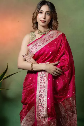 Rani pink satin woven saree with blouse