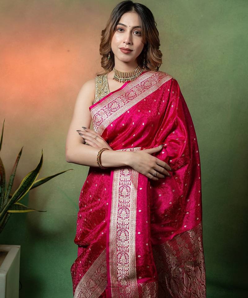 Rani pink satin woven saree with blouse