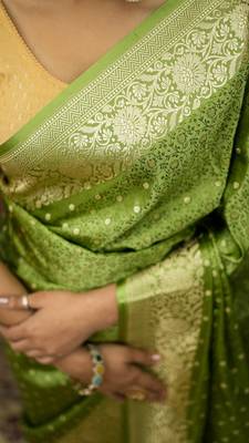 Pista green satin woven saree with blouse 3