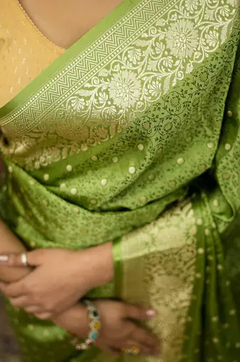 Pista green satin woven saree with blouse