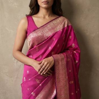 Rani pink katan silk woven saree with blouse 5