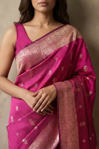 Rani pink katan silk woven saree with blouse