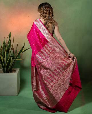 Rani pink satin woven saree with blouse 3