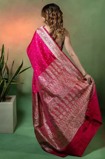 Rani pink satin woven saree with blouse