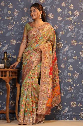 Lime floral printed banarasi saree