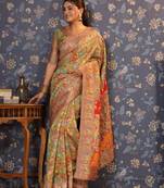Lime floral printed banarasi saree