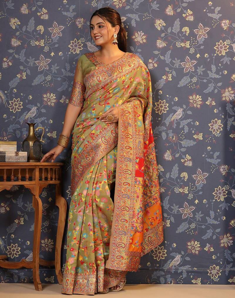 Lime floral printed banarasi saree
