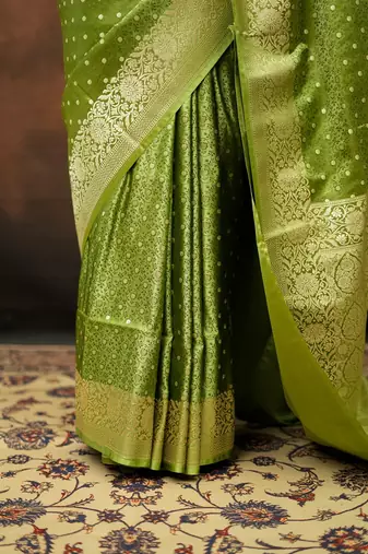 Pista green satin woven saree with blouse