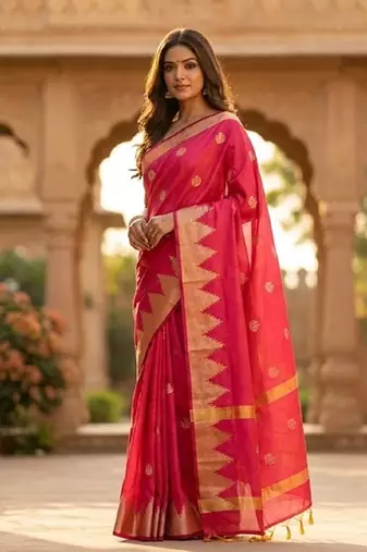 Rani pink katan silk woven saree with blouse