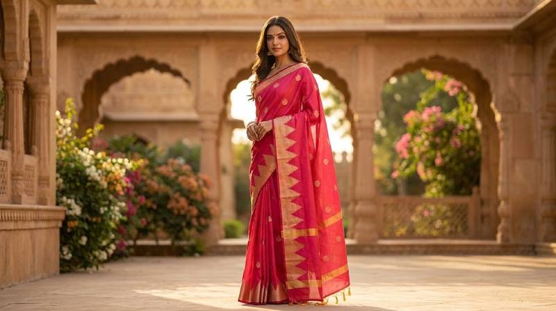 Rani pink katan silk woven saree with blouse