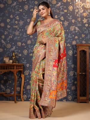 Lime floral printed banarasi saree 2