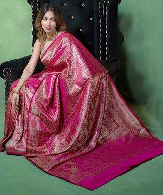 Rani pink satin woven saree with blouse 1