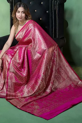 Rani pink satin woven saree with blouse
