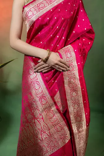 Rani pink satin woven saree with blouse