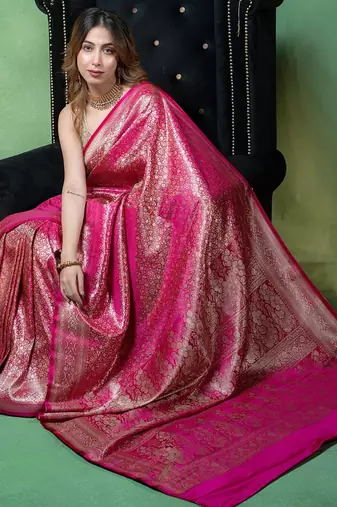Rani pink satin woven saree with blouse