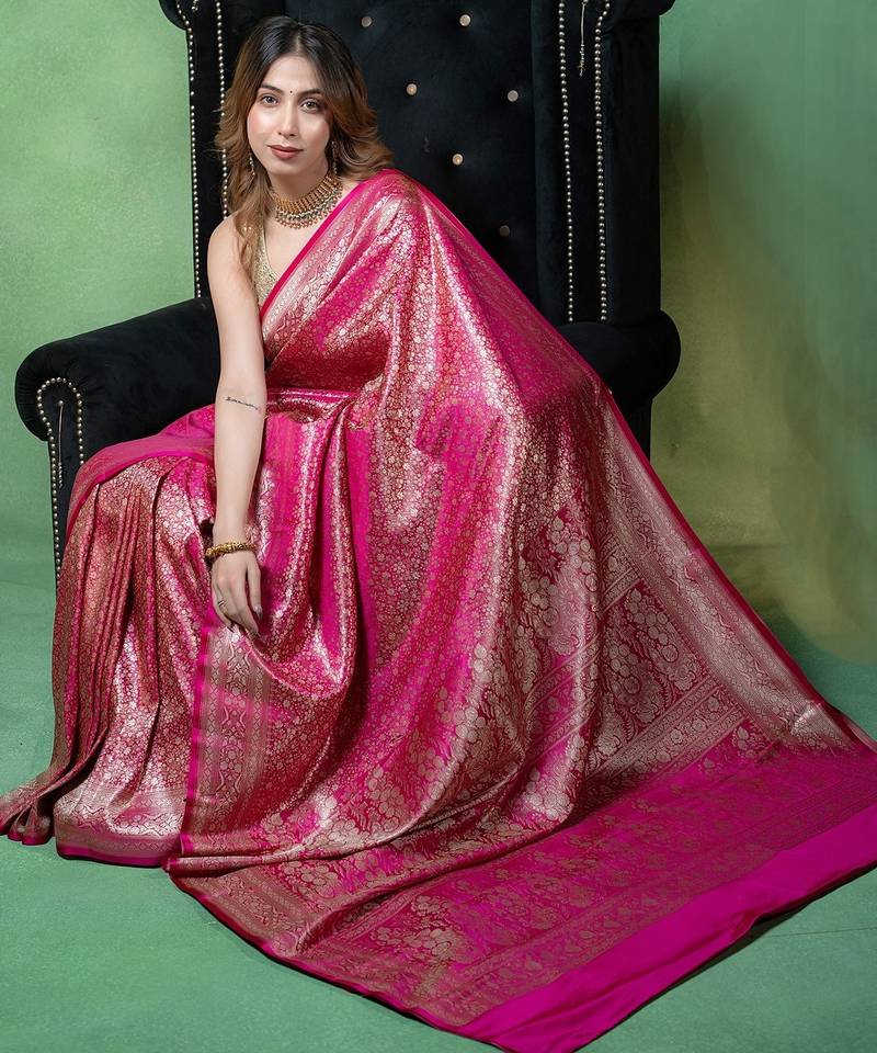 Rani pink satin woven saree with blouse