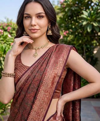 Rust katan silk woven saree with blouse 2