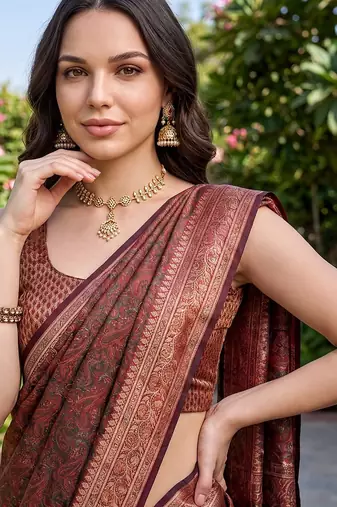Rust katan silk woven saree with blouse