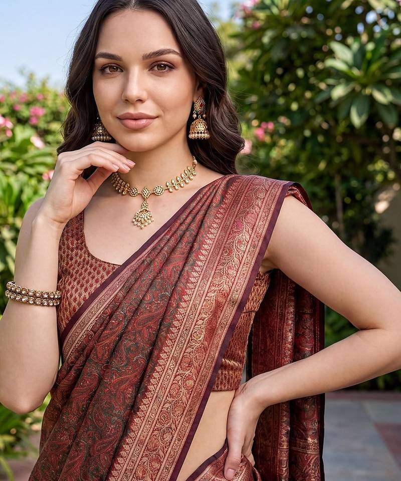 Rust katan silk woven saree with blouse