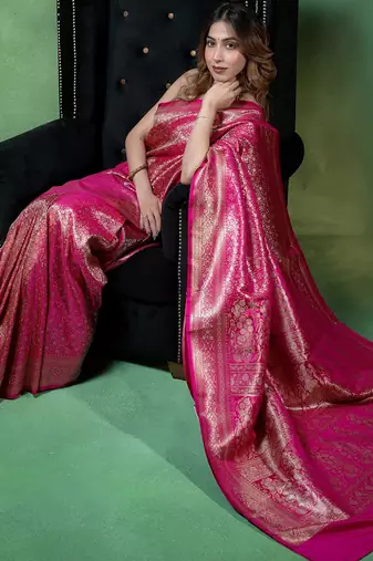 Rani pink satin woven saree with blouse