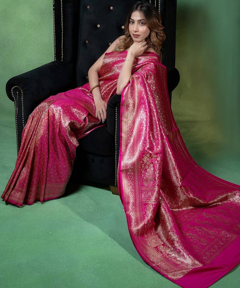 Rani pink satin woven saree with blouse