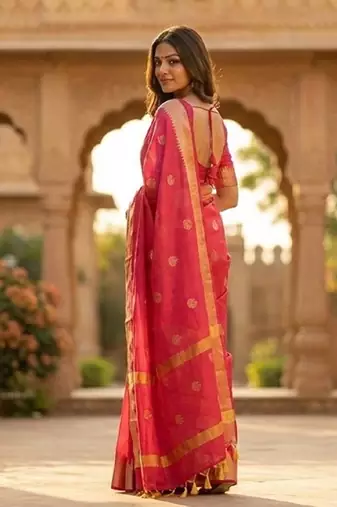 Rani pink katan silk woven saree with blouse