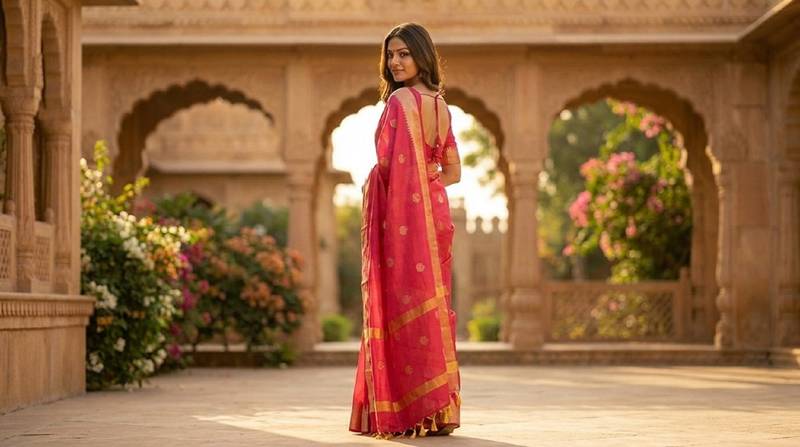 Rani pink katan silk woven saree with blouse