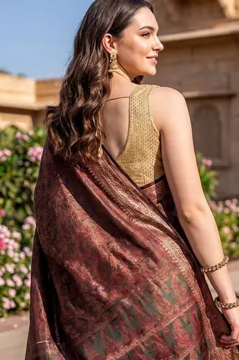 Rust katan silk woven saree with blouse