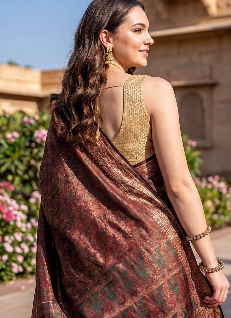 Rust katan silk woven saree with blouse