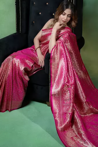 Rani pink satin woven saree with blouse