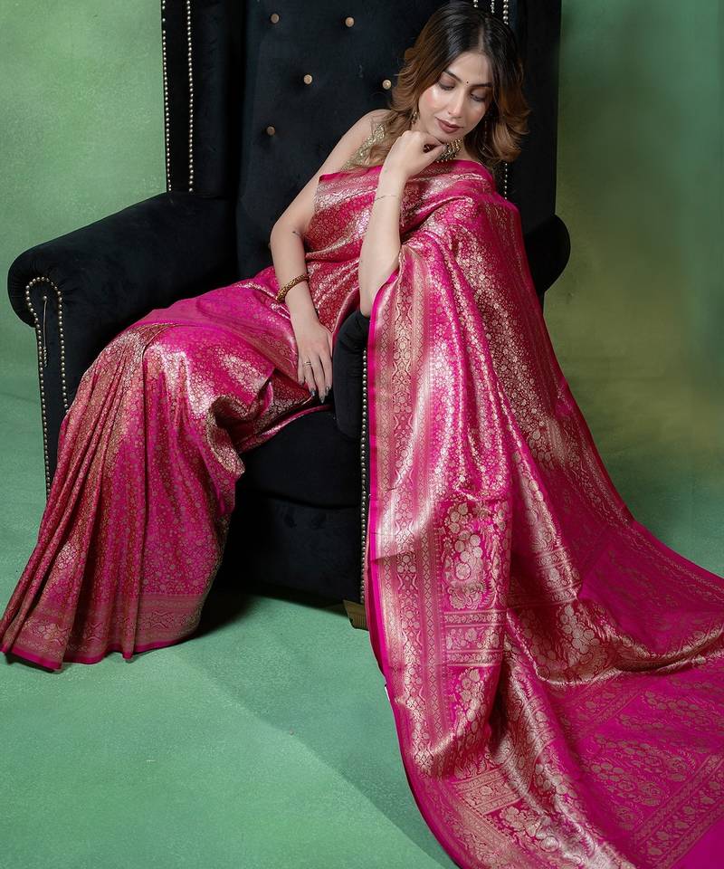 Rani pink satin woven saree with blouse
