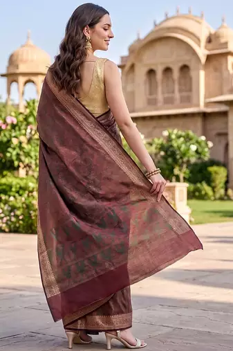 Rust katan silk woven saree with blouse