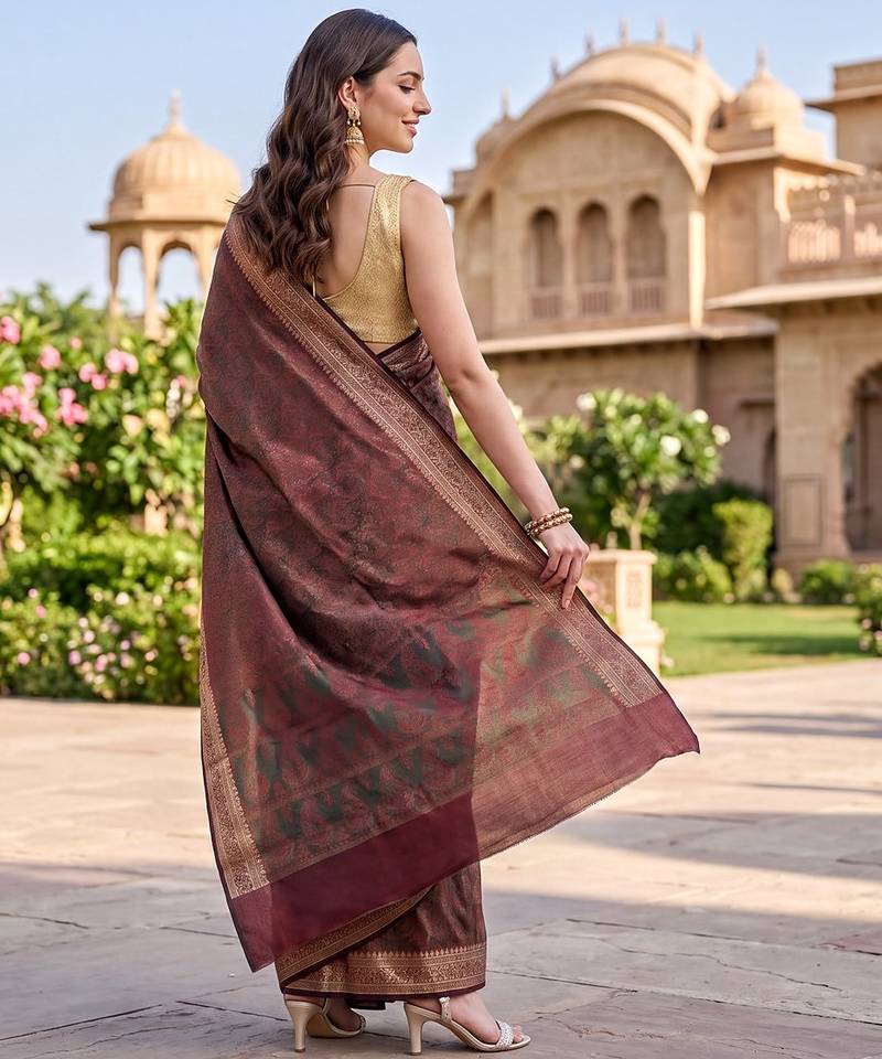 Rust katan silk woven saree with blouse